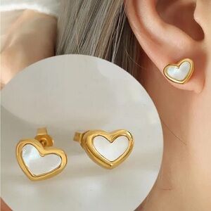 Delicate Shell Inlay, Heart & Round Bead 304 Stainless Steel Earrings